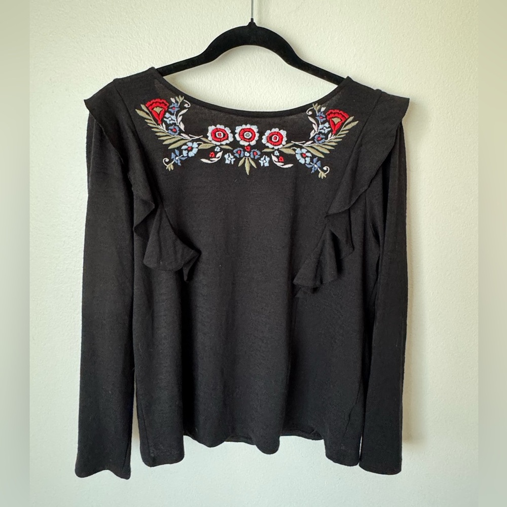 Embroidered Long-Sleeve Top with a Tie Closure